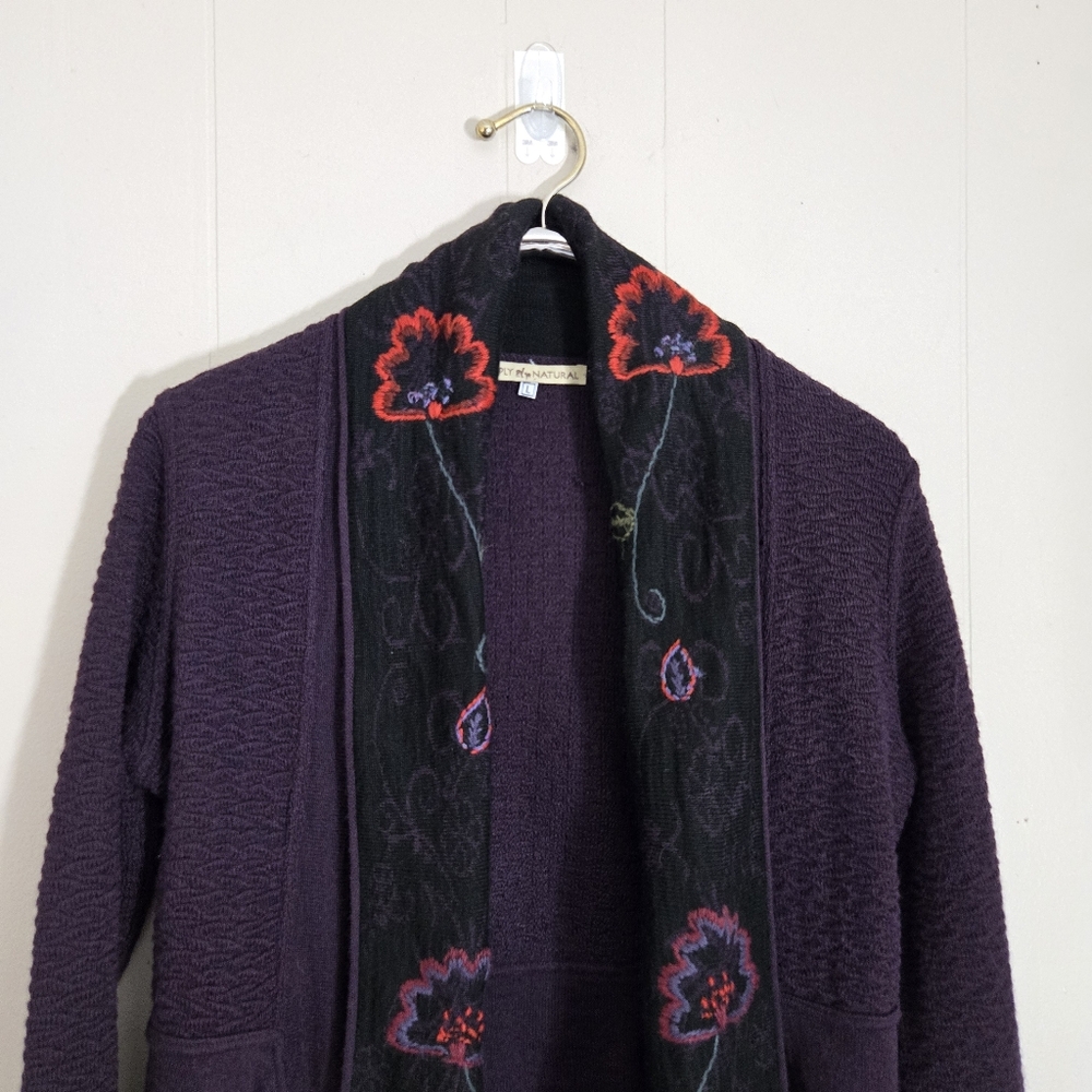 Simply Natural Fantasia Alpaca Blend Open Front Cardigan Shawl Collar Embroidery - Picture 3 of 12